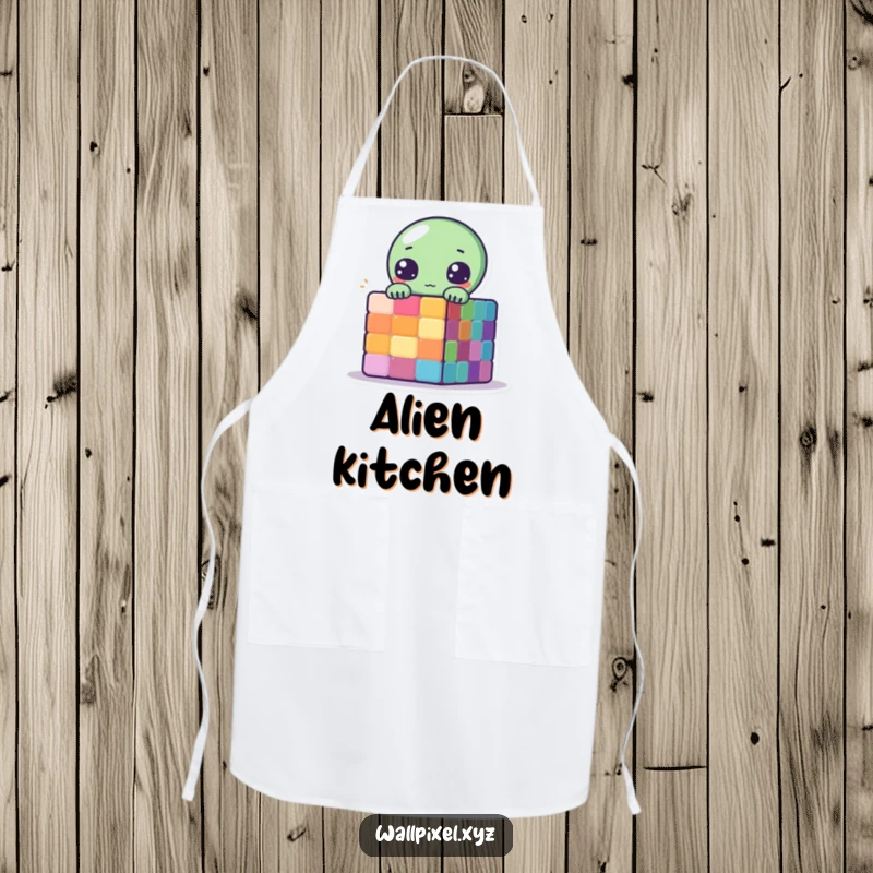 Funny Pixelated Alien Apron showing a cute alien peeking from behind a colorful pixelated cube, adding retro humor.