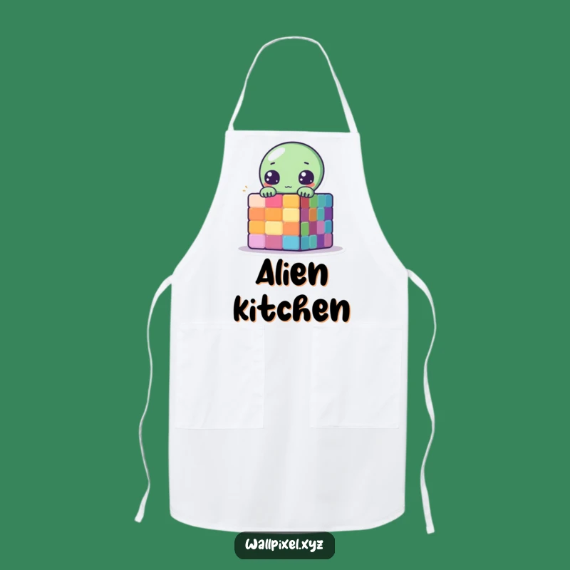 Funny Pixel Alien Apron: Peek-a-Boo Cube Kitchen Fun Sci-Fi Gift