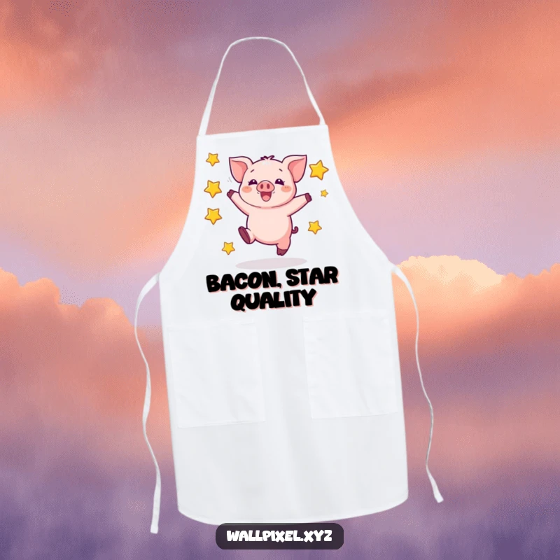 Funny apron with a pixelated piglet enthusiastically jumping amongst blocky stars, ideal for a fun, retro cooking experience.