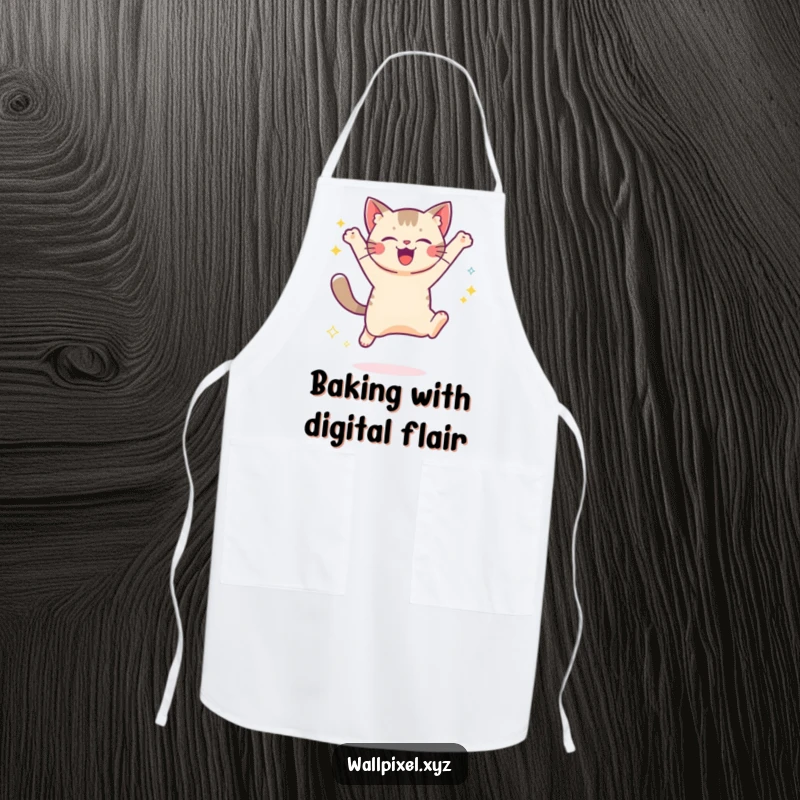 Funny apron showcasing a pixelated cat jumping joyfully with digital sparkles, bringing retro gaming fun to the kitchen.