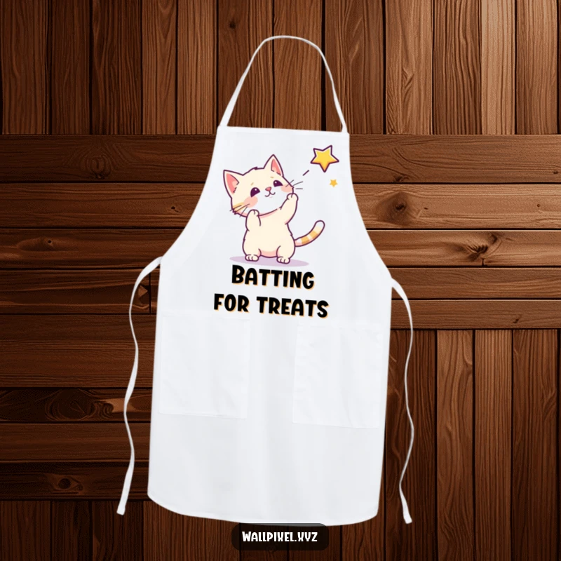 Funny apron depicting a pixel cat reaching for a pixel star, adding retro gaming humor to kitchen activities.