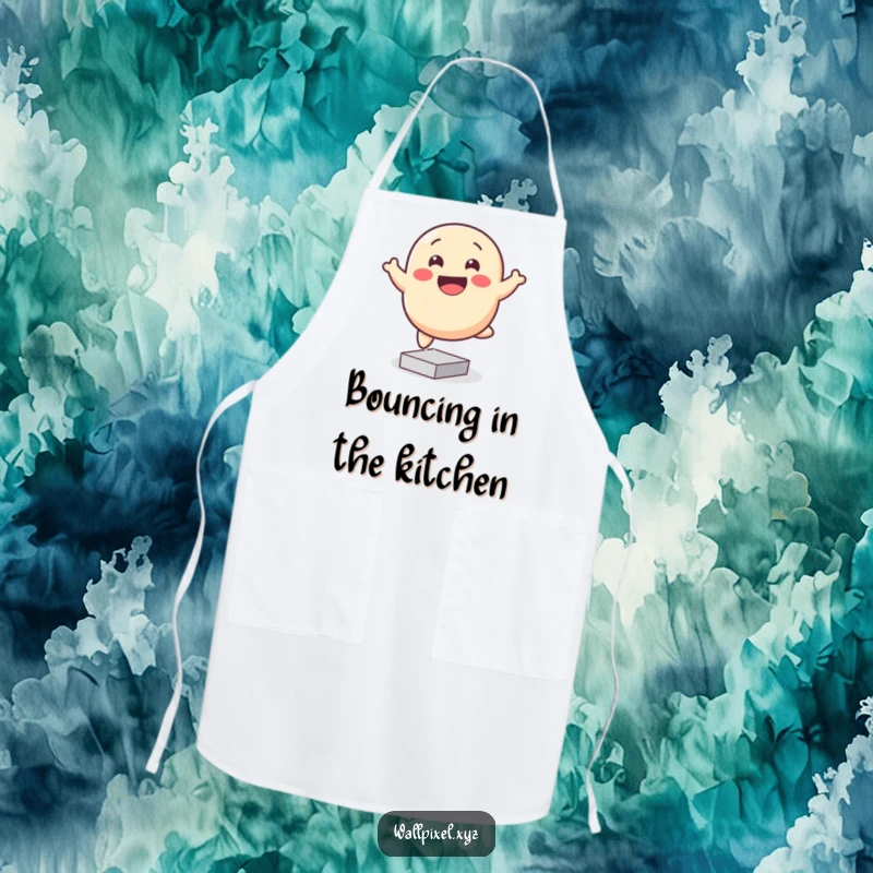 Funny pixelated blob apron, smiling and bouncing happily on square pixels, ideal for kitchen cheerfulness.