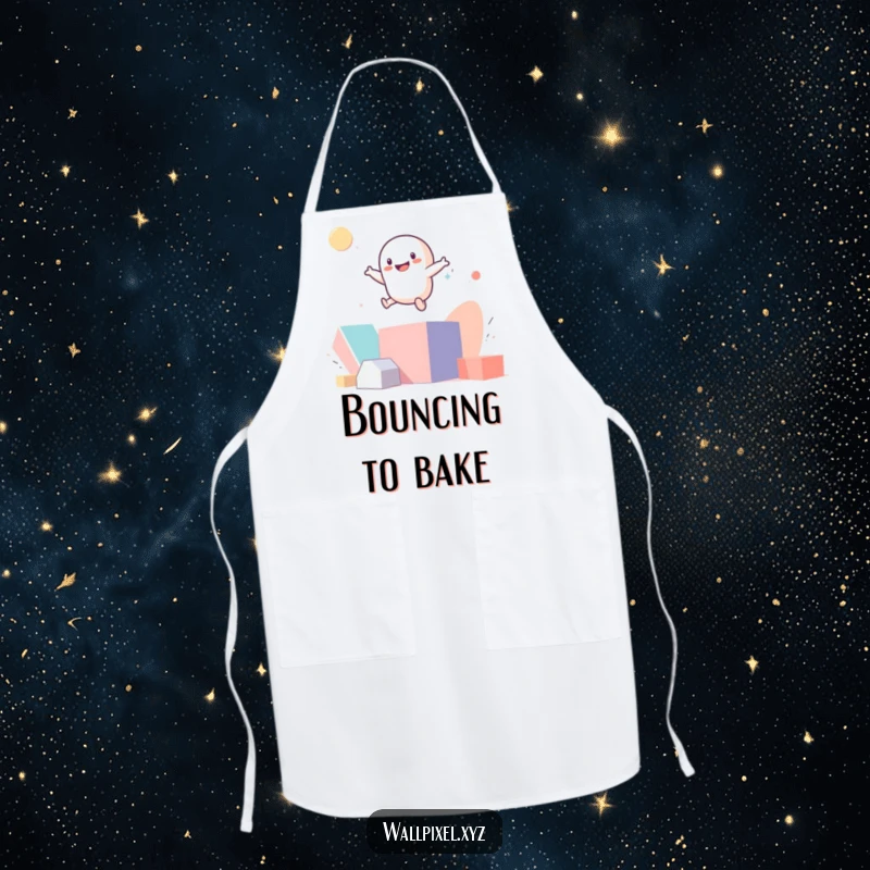 Funny smiling pixel figure bouncing on abstract geometric shapes on a cooking apron.