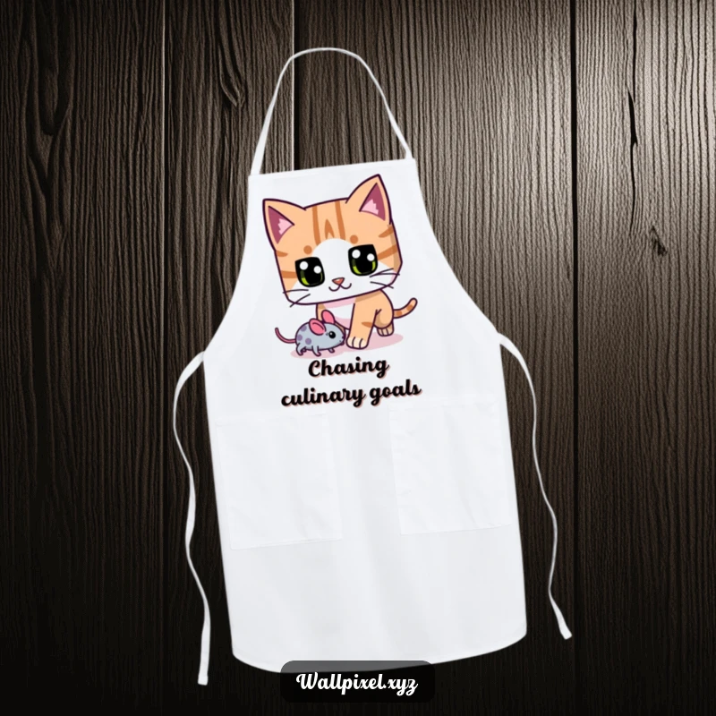 Funny blocky cat apron, with exaggerated pixel eyes, chasing a pixelated mouse, ideal for kitchen playfulness.