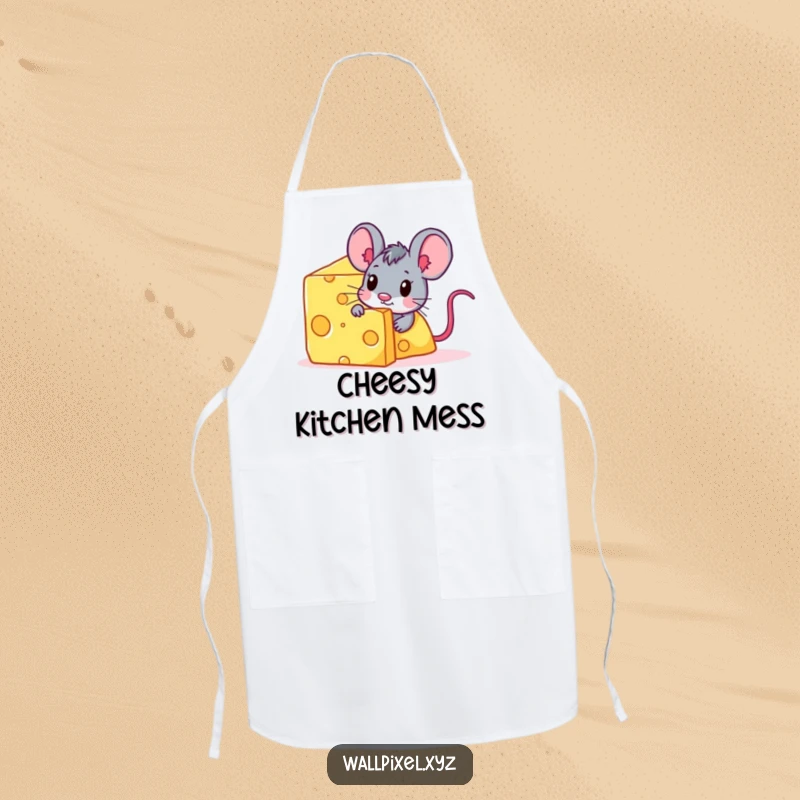 Funny pixelated mouse character peeking from behind a giant digital cheese block on a cooking apron.