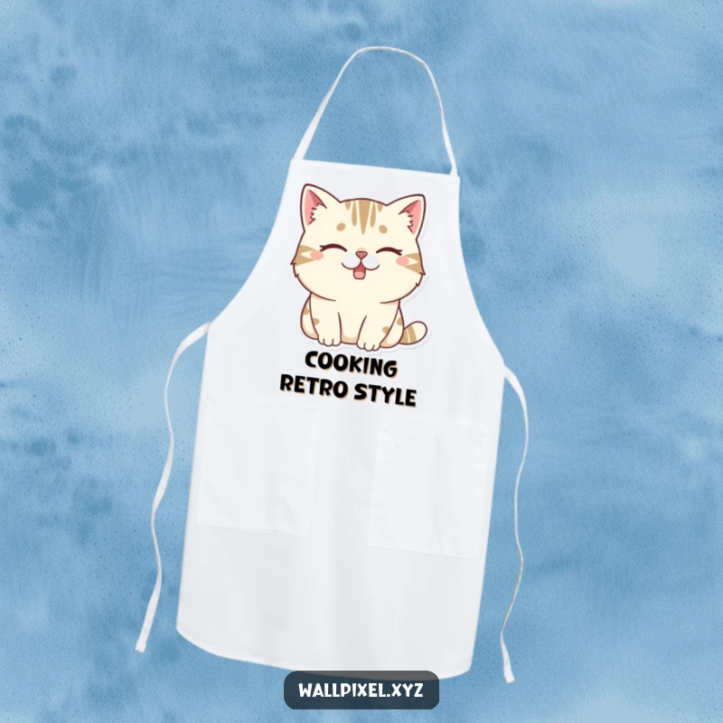 Funny apron featuring a chunky pixelated cat winking with a missing tooth, perfect for cooking with retro flair and humor.