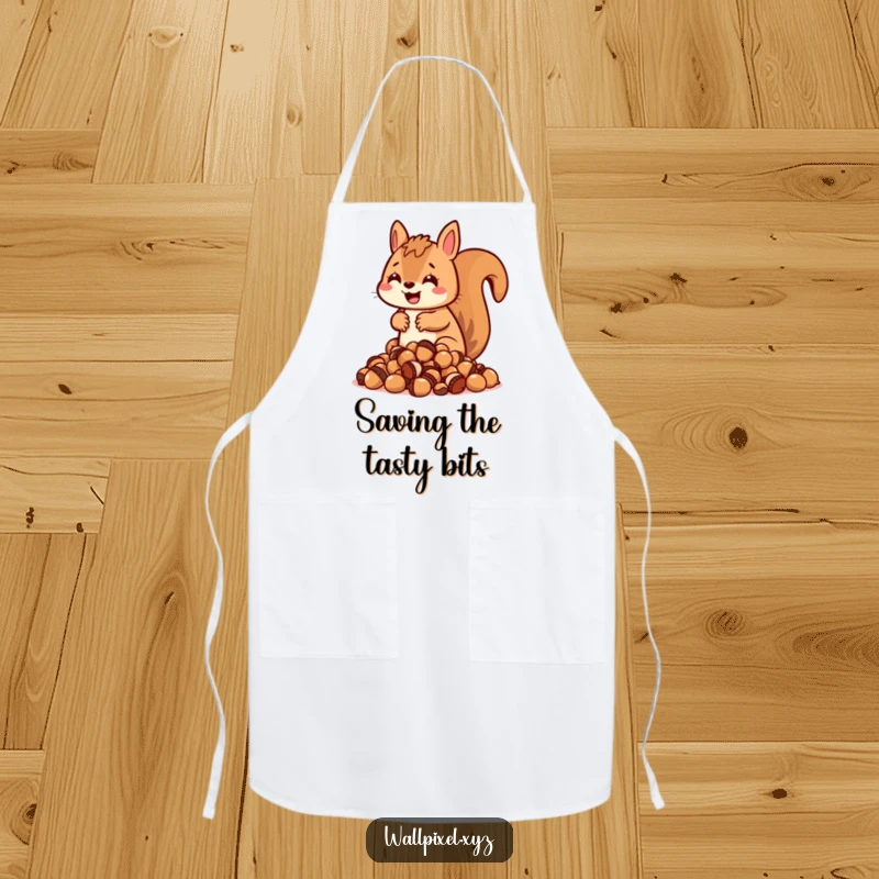 Funny blocky squirrel apron, character hoarding pixelated acorns, retro kitchen accessory.