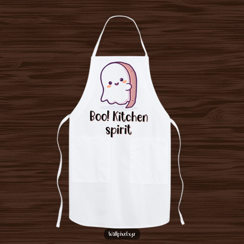 Funny ghost apron showing a cute ghost peeking from behind a pixelated object, perfect for kitchen fun.