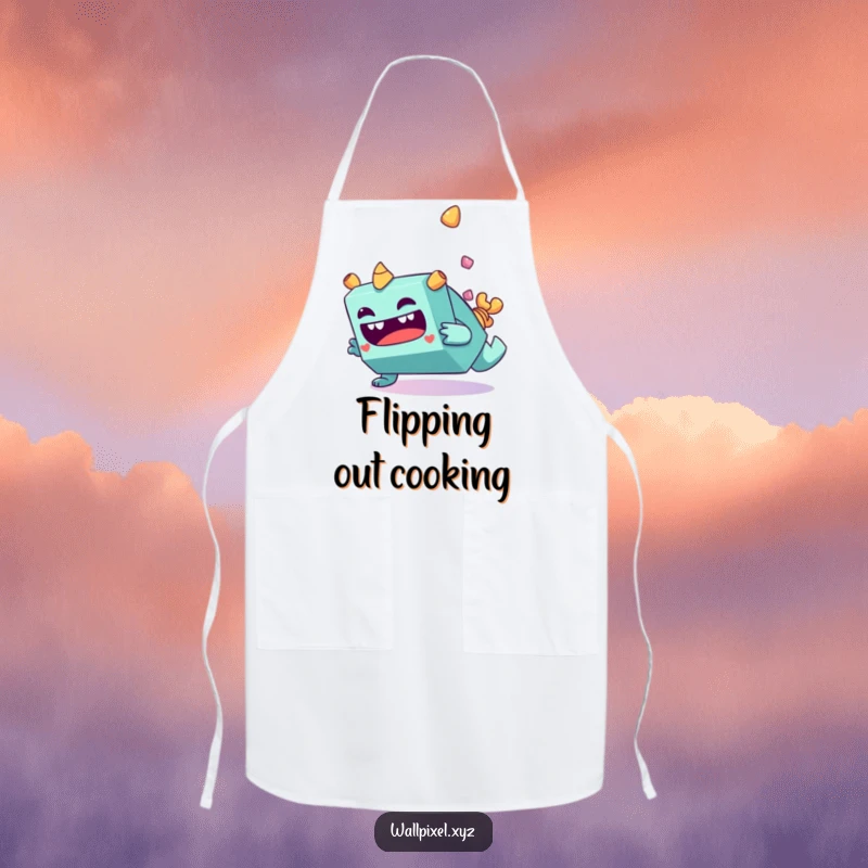Funny blocky monster character making a funny face while tumbling end over end on a cooking apron.
