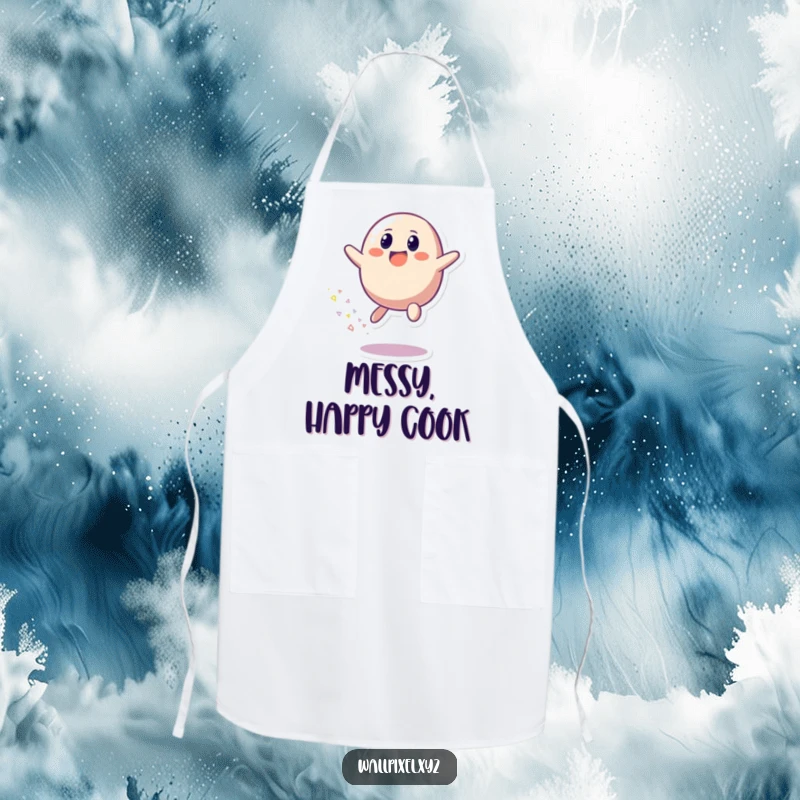 Funny apron showcasing a pixelated blob character bouncing happily, leaving a trail of bright, colorful pixels, fun kitchen wear.