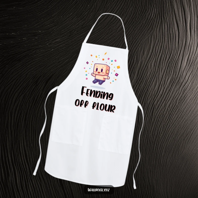 Funny apron with a blocky pixel character comically dodging pixelated confetti, adding a touch of retro gaming fun to kitchen tasks.