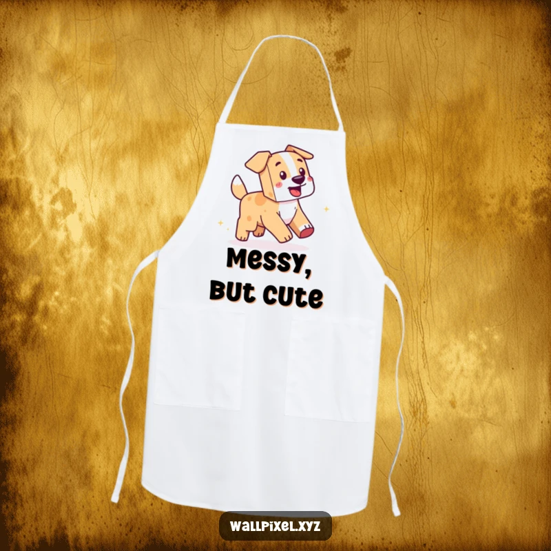 Funny Pixel Dog Apron: A humorous apron with a blocky dog chasing its pixelated tail, leaving a trail of sparkling pixels.