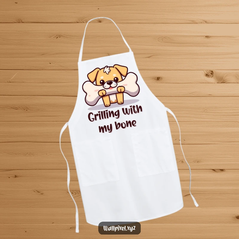 Funny apron showcasing a blocky pixelated dog peeking from behind a pixelated bone, perfect for dog lovers who enjoy retro gaming themes.