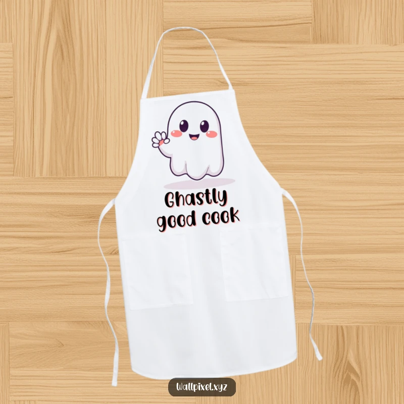 Funny apron with a pixelated ghost smiling and waving in a blocky, friendly manner, perfect for a fun, retro cooking experience.