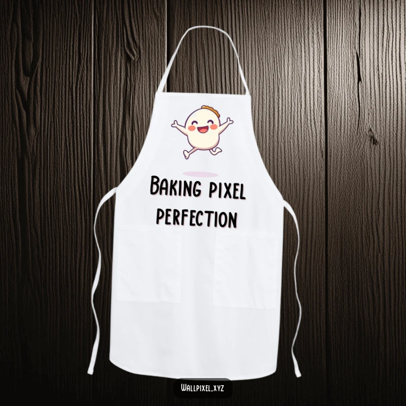 Funny apron showing a pixel character jumping with a pixelated pie, perfect for cooking or gaming sessions with retro style.
