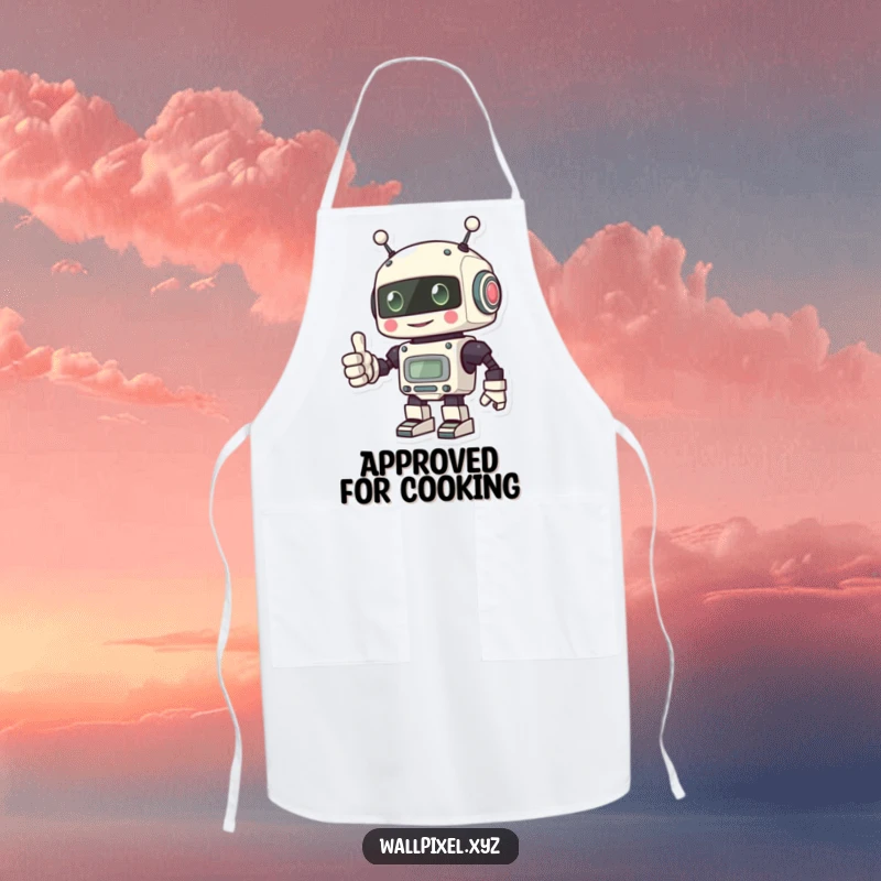 Funny apron showcasing a pixel robot giving a thumbs up with its blocky hand, adding retro tech fun to cooking.
