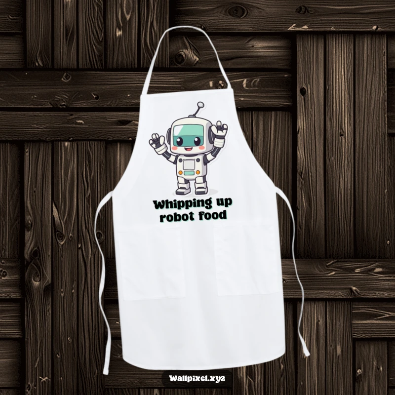 Funny pixel robot apron, a cheerful blocky robot waving energetically, designed for kitchen fun with retro tech flair.