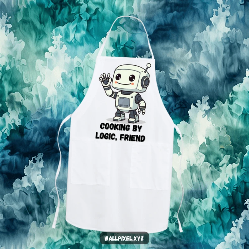 Funny apron showcasing a smiling pixelated robot waving with a digital arm, perfect for retro sci-fi fans who enjoy quirky kitchen accessories.