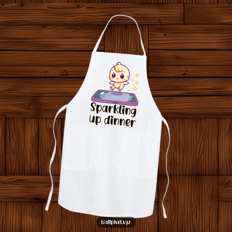 Funny pixel character sliding with a sparkly trail on a cooking apron.