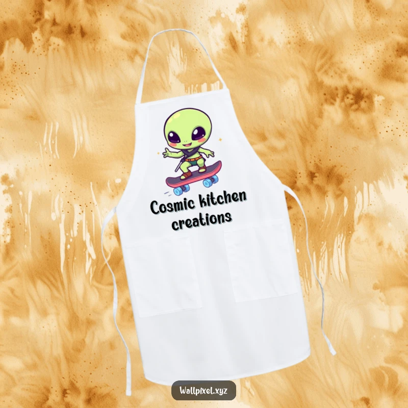 Funny apron: A winking pixelated alien rides a glowing block skateboard, a humorous and space-themed kitchen accessory.
