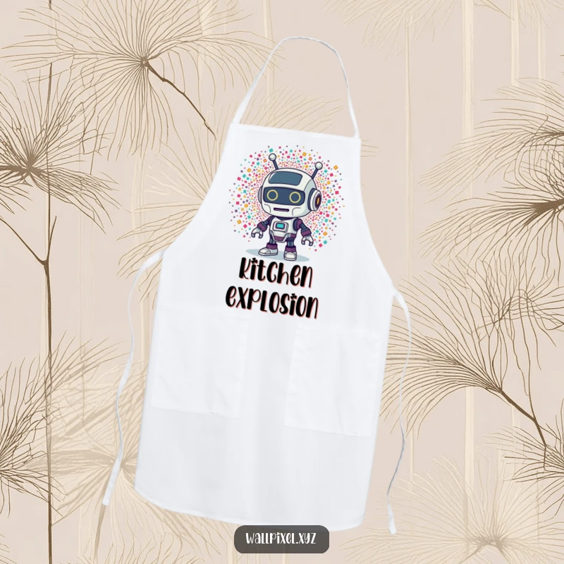 Funny Retro Robot Apron: A humorous apron with a retro robot character surprised by an explosion of tiny, colorful pixels.