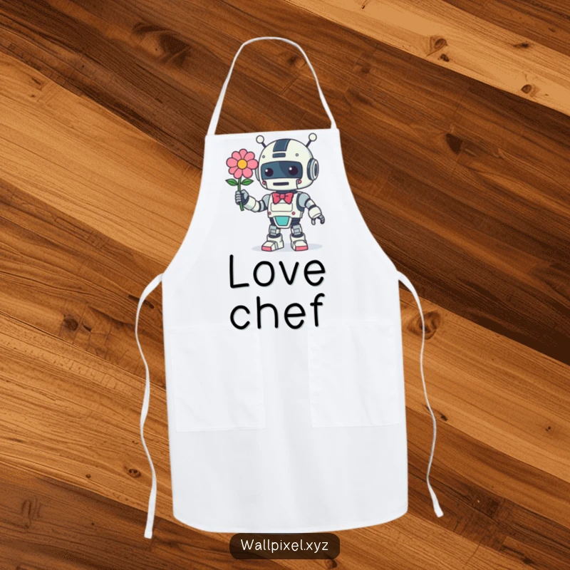 Funny Retro Robot Apron: A vintage robot character offers a pixelated flower with a bow, adding a touch of geeky fun.