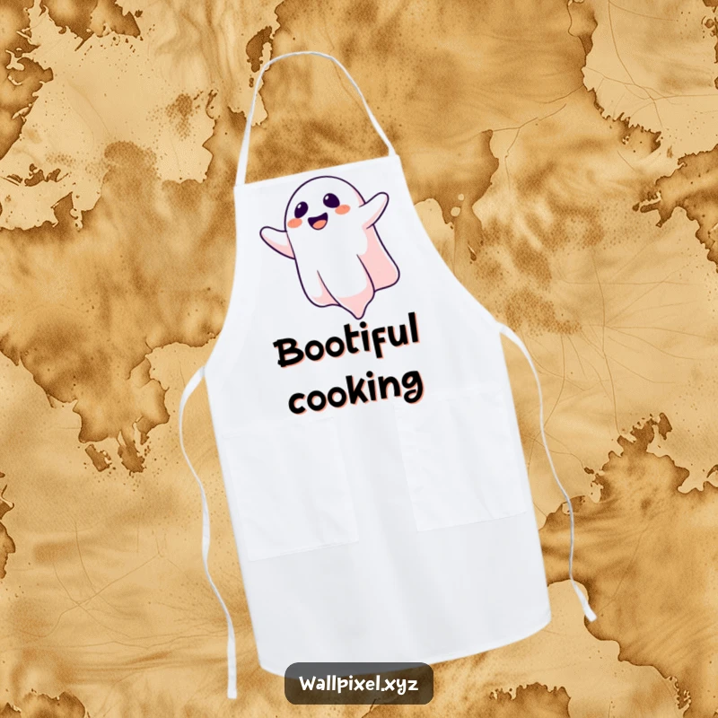 Funny apron with a laughing pixelated ghost floating upside down, adding a touch of spectral humor to kitchen tasks.