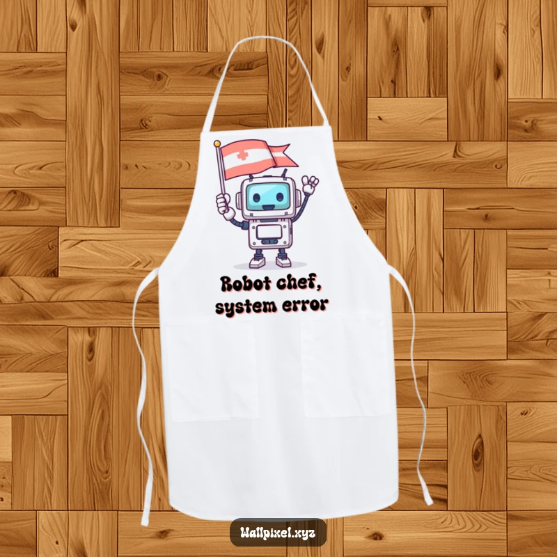 Funny square robot character waving a pixelated flag while cooking, on a fun and functional apron.
