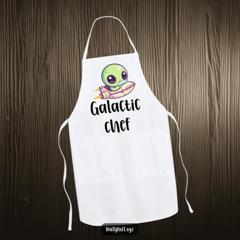 Funny apron featuring a kawaii pixelated alien zipping around in a tiny ship, perfect for adding cosmic fun to cooking.