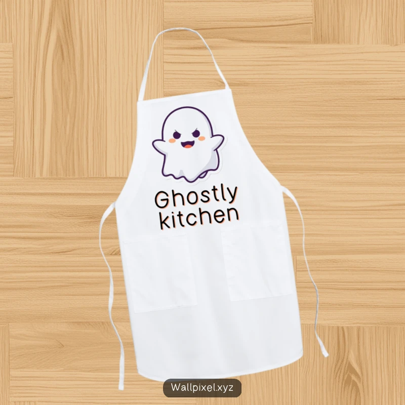 Funny Ghost Apron: A mischievous pixelated ghost plays peek-a-boo, adding humorous and spooky flair to your kitchen wear.