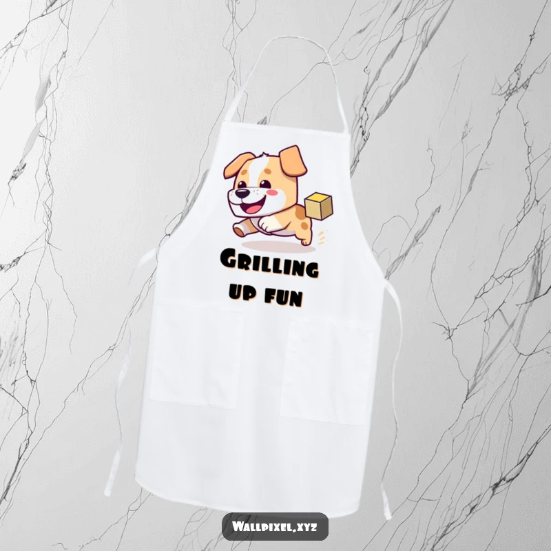 Funny block dog apron featuring a dog chasing a pixel cube, ideal for chefs who enjoy pixel art and playful designs.