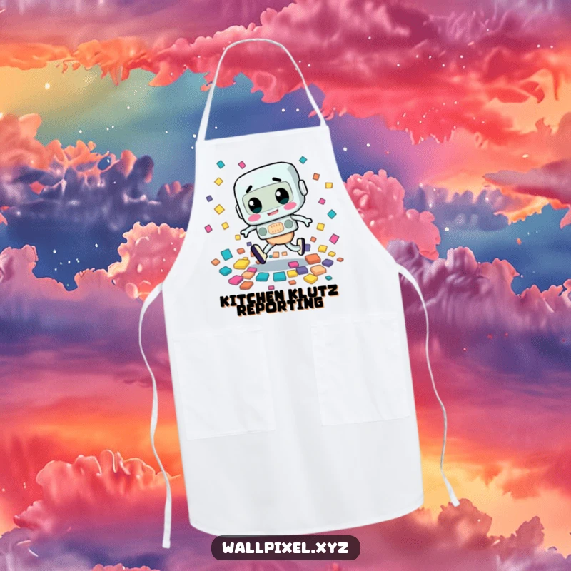 Funny apron showing a retro character tripping awkwardly, scattering colorful squares, a humorous kitchen accessory.