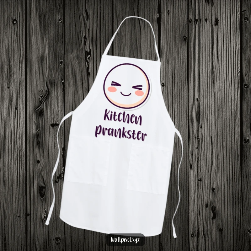 Funny pixel smiley face apron featuring a retro character winking mischievously, perfect for cooking with playful charm.
