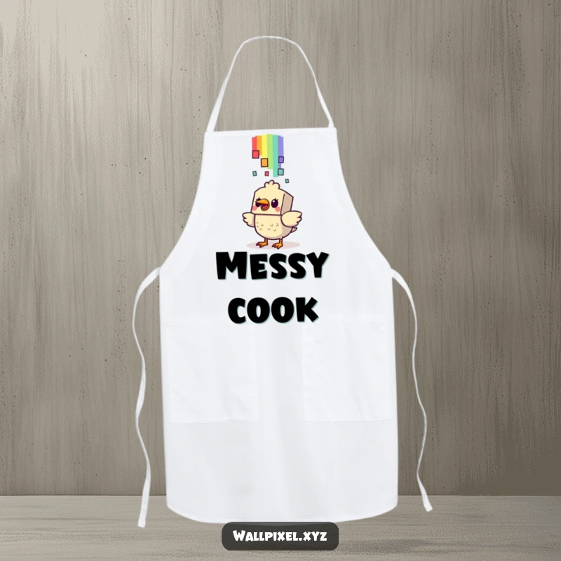 Funny Bird Apron: A blocky bird character shows surprise as a pixelated rainbow falls, adding humorous retro flair to kitchen wear.