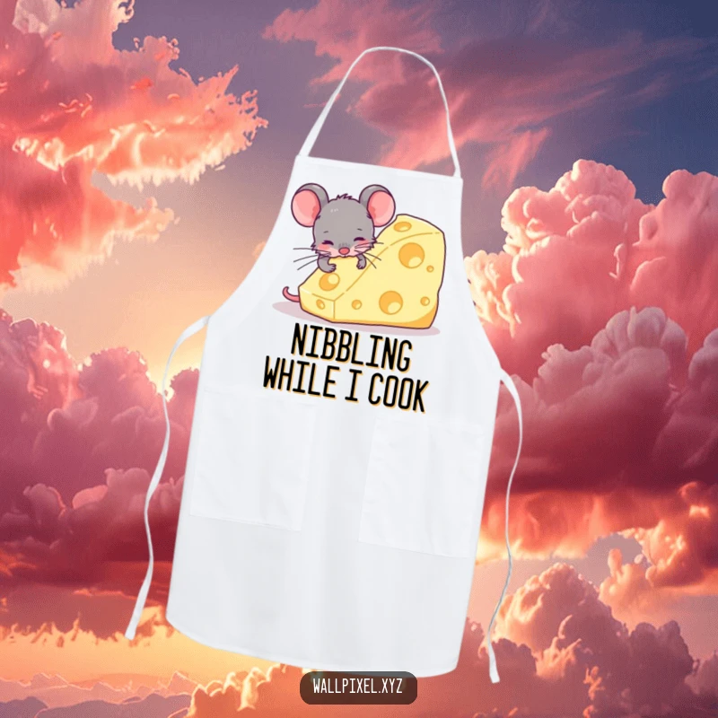 Funny apron showing a retro pixelated mouse attempting to nibble a ridiculously large, blocky cheese, perfect for humorous kitchen antics.