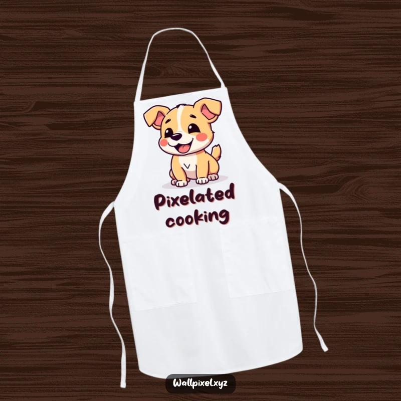 Funny Pixelated Dog Apron showing a charming digital dog joyfully wagging its blocky tail, adding retro humor.