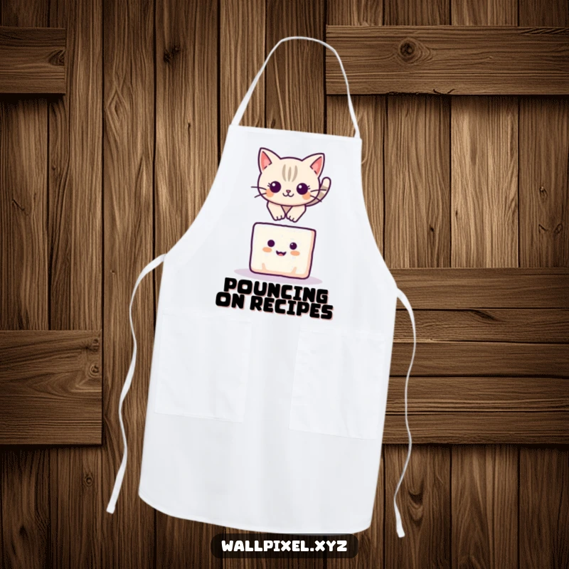 Funny apron depicting a pixelated cat leaping over a smiling square block, a cute and playful kitchen accessory.