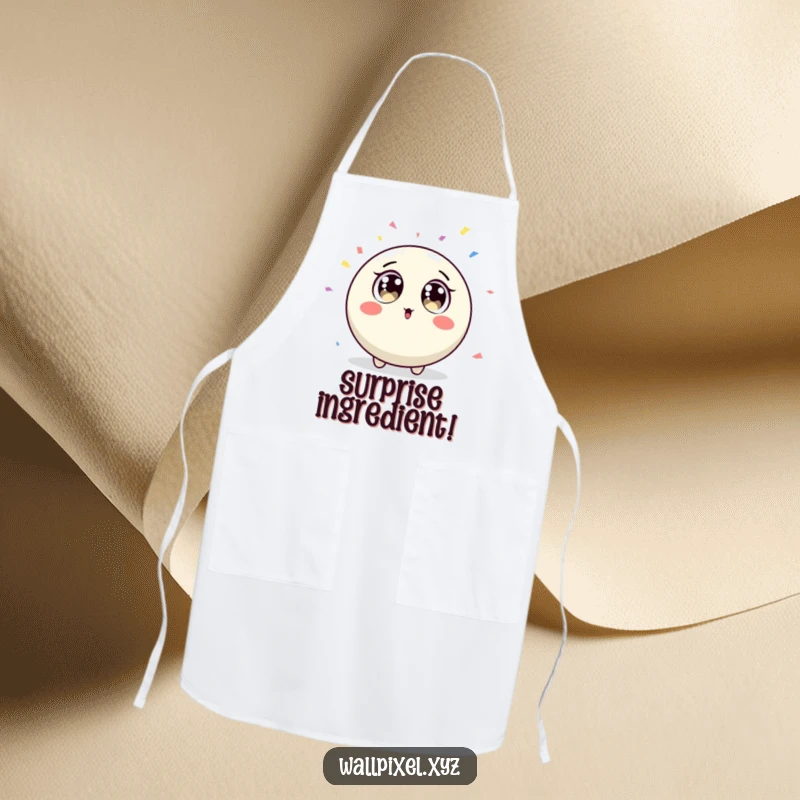 Funny round pixel character with surprised big eyes looking at falling confetti on a cooking apron.
