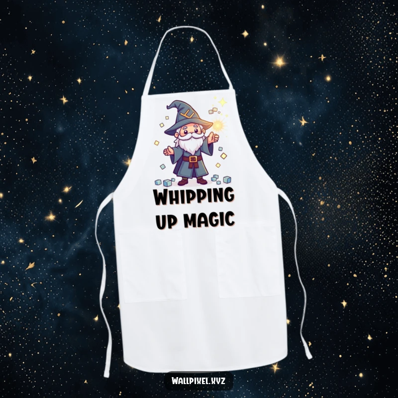 Funny pixel wizard apron, tiny wizard casting a spell with sparkling cubes, retro kitchen accessory.