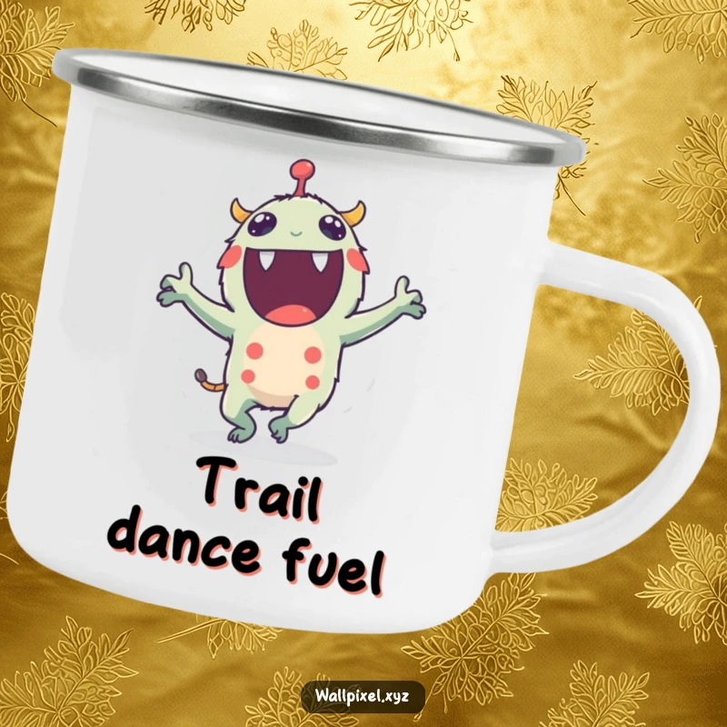 Funny camping mug featuring a pixel monster doing a lively dance with tiny flailing blocky arms, ideal for adventurers.