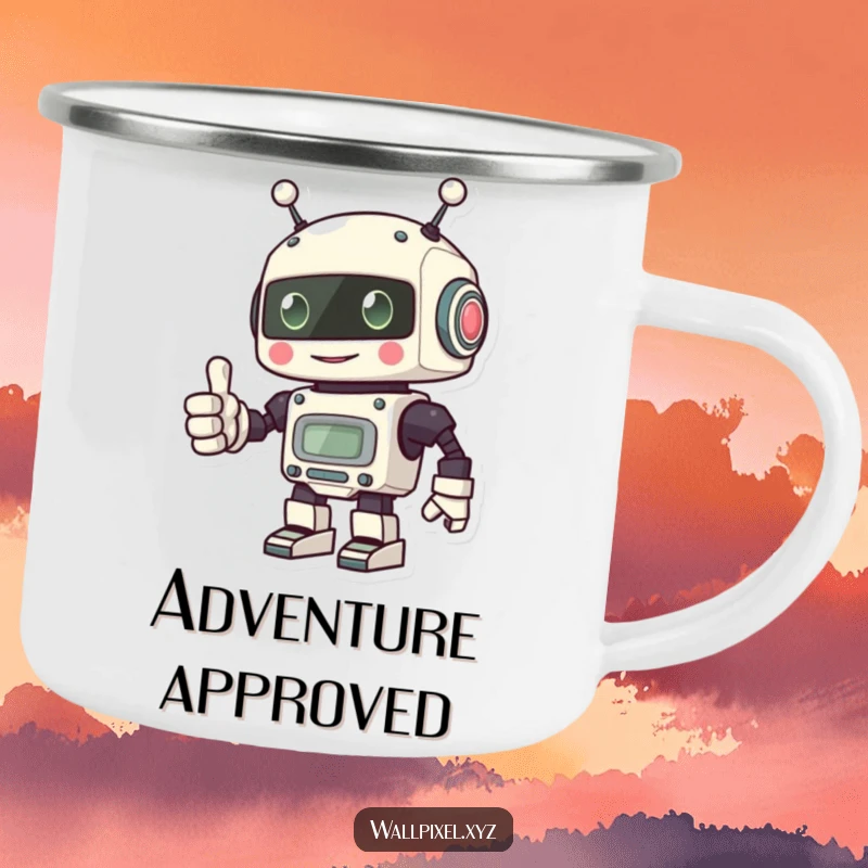 Funny camping mug featuring a pixel robot giving a thumbs up with its blocky hand, great for outdoor positivity.