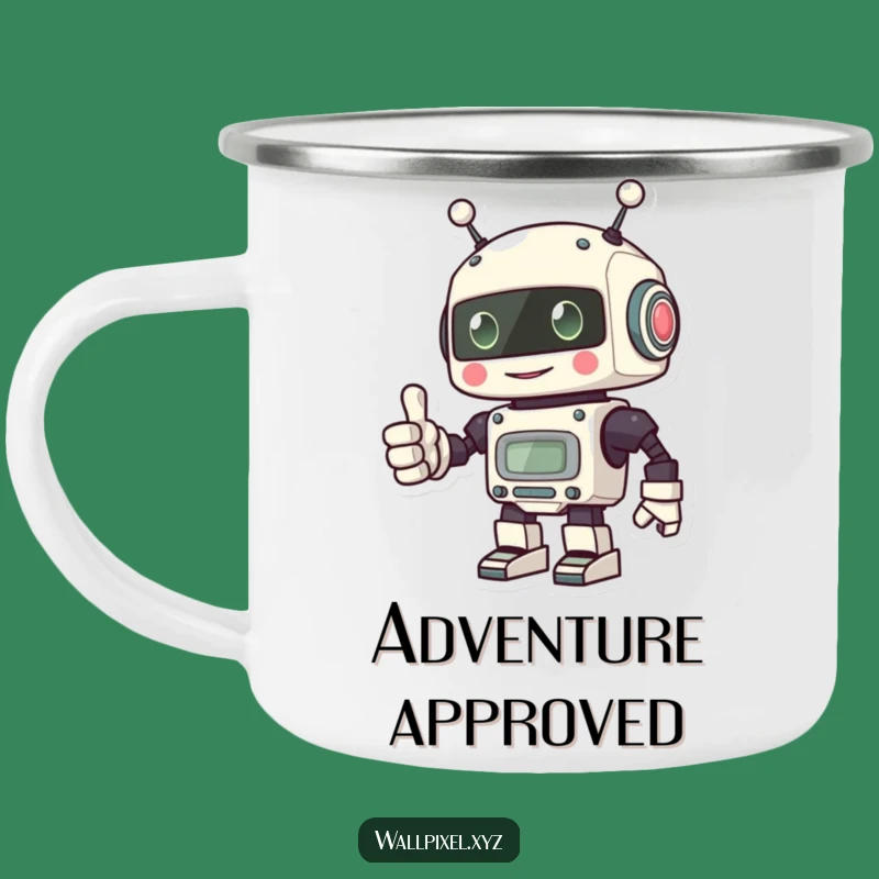 Adventure Funny Pixel Robot Camping Mug: Positive Vibes Outdoors
