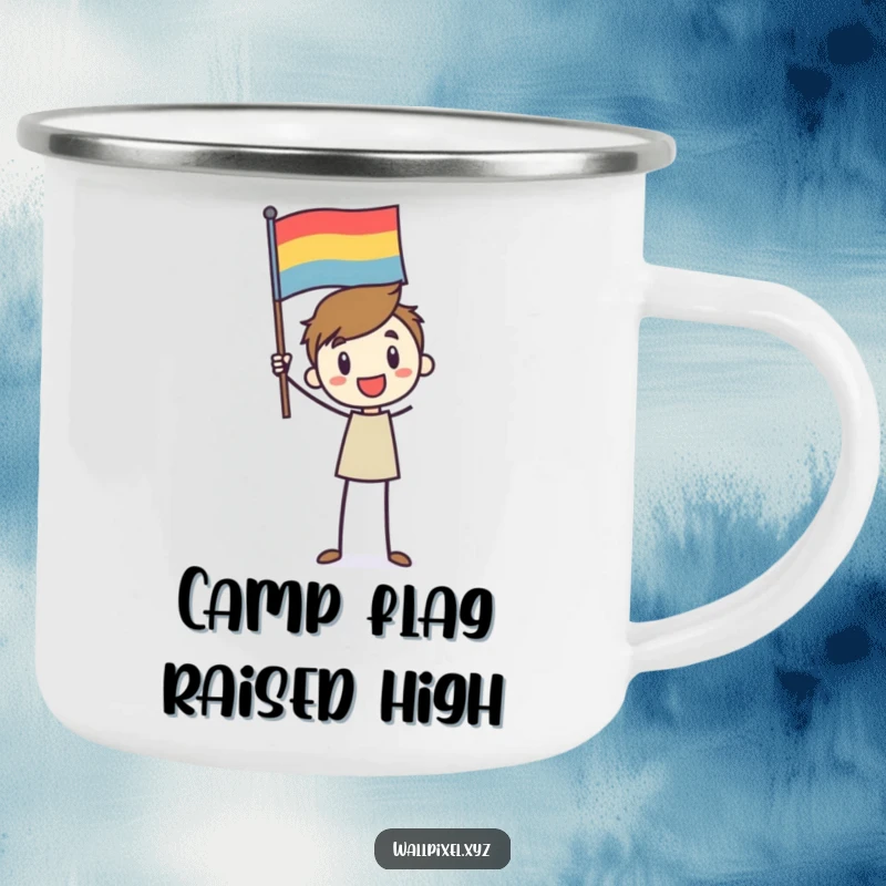 Funny camping mug with a stick figure character enthusiastically waving a pixelated flag, for humorous outdoor enjoyment.