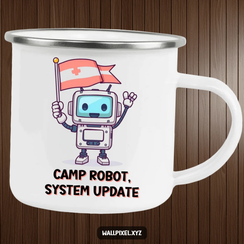 Funny square robot character waving a pixelated flag, holding a camping mug, enjoying the outdoors.