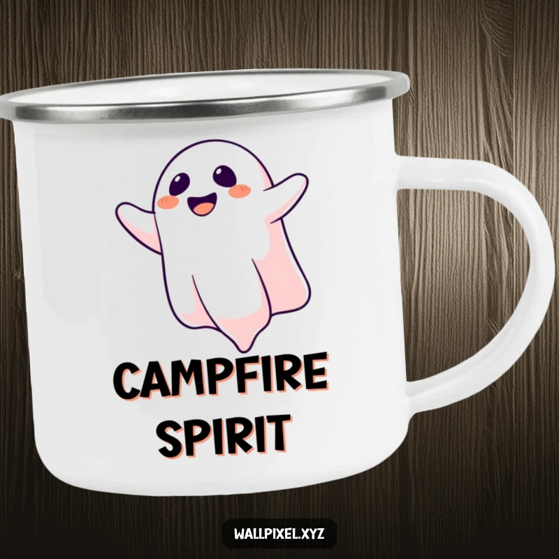 Funny camping mug featuring a laughing pixelated ghost floating upside down, perfect for spooky outdoor adventures.