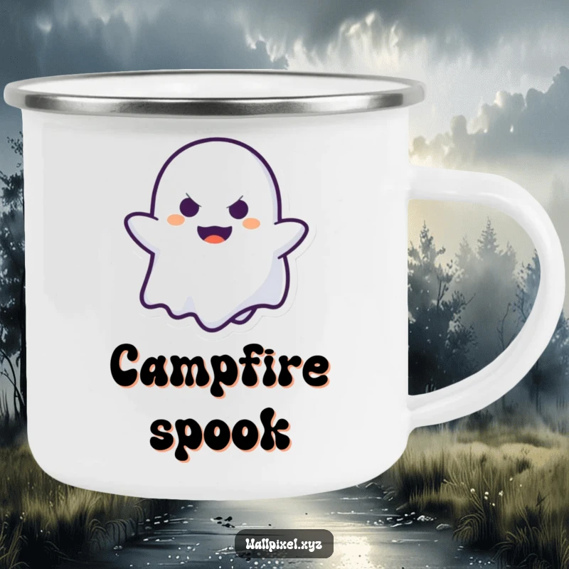 Funny Ghost Camping Mug: A mischievous pixelated ghost playing peek-a-boo, perfect for spooky-themed outdoor drinks.