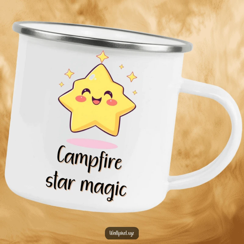 Funny pixel star camping mug featuring a smiling, retro character twinkling rhythmically, perfect for outdoor excursions.