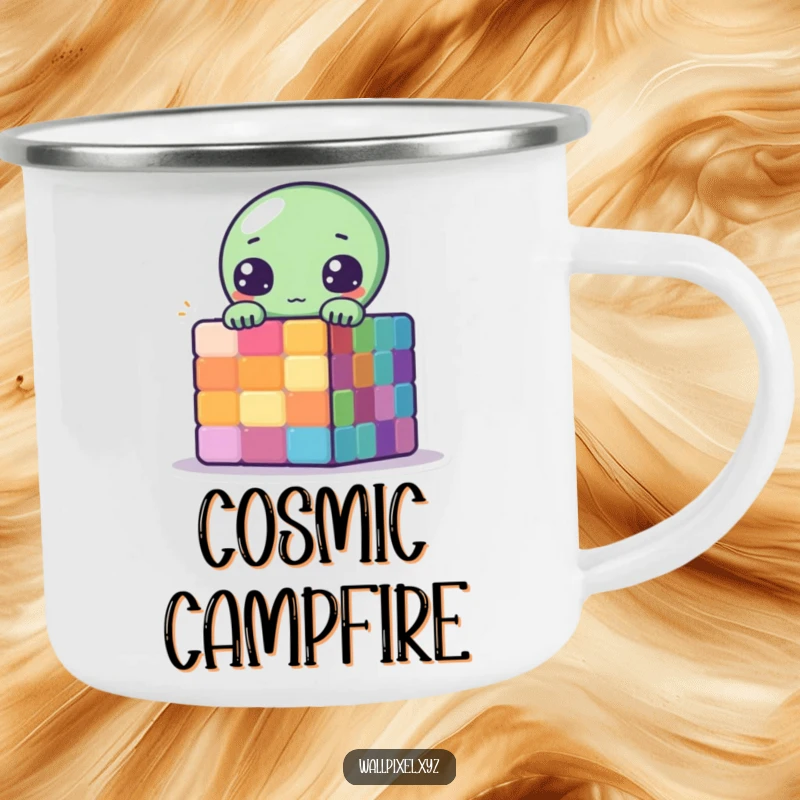 Funny Pixelated Alien Camping Mug with a cute alien peeking behind a colorful pixelated cube, ready for campfire fun.