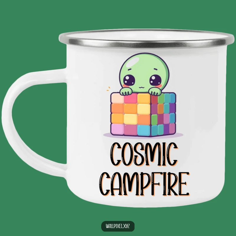 Funny Pixel Alien Camping Mug: Peek-a-Boo Cube Humor Sci-Fi Gift
