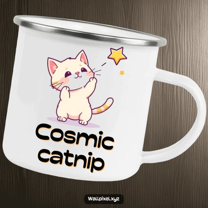 Funny camping mug featuring a pixel cat chasing a pixel star, bringing retro gaming vibes to outdoor adventures.